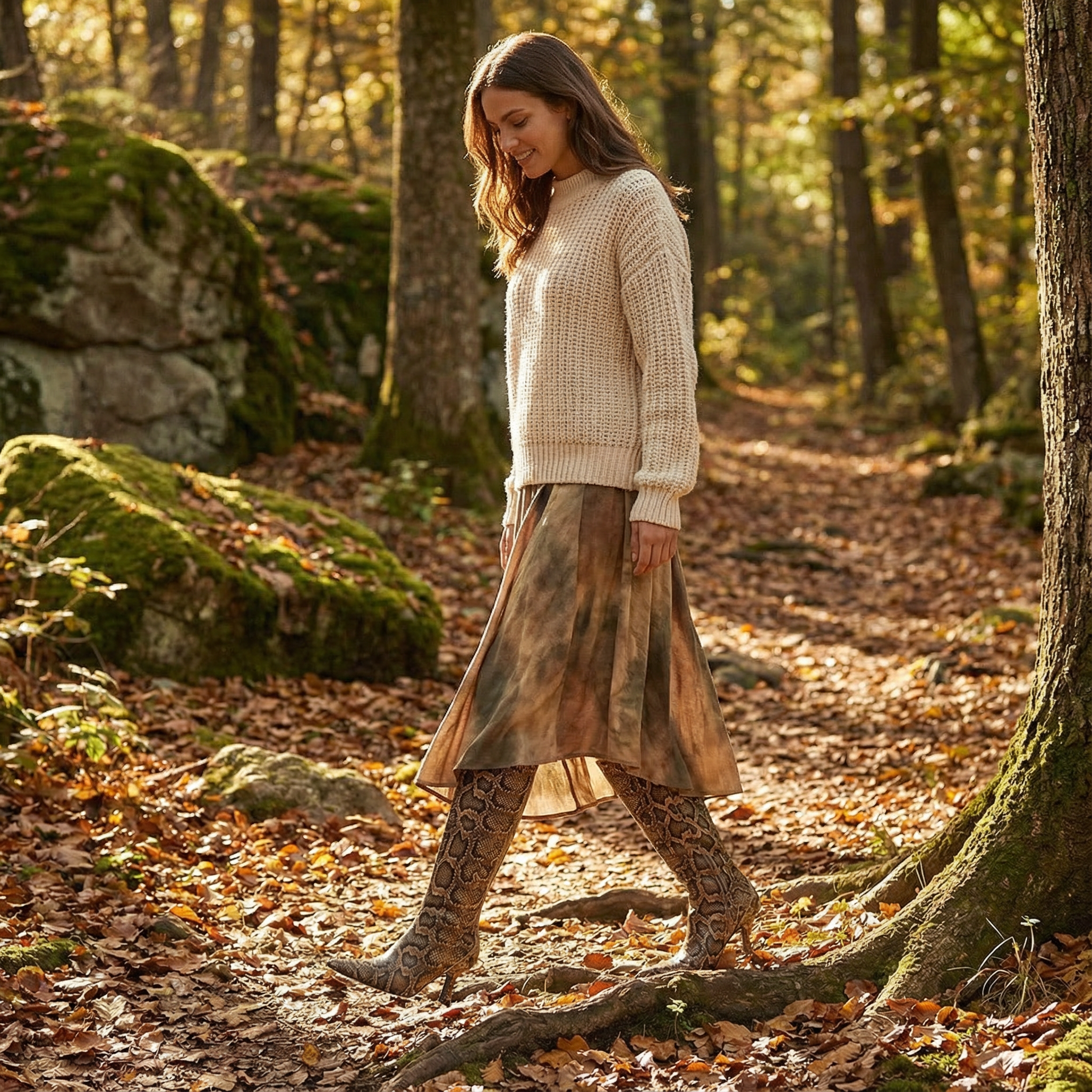 Imogen | Women's Knee-High Boots With Snake Print And Flared Heel | Bold