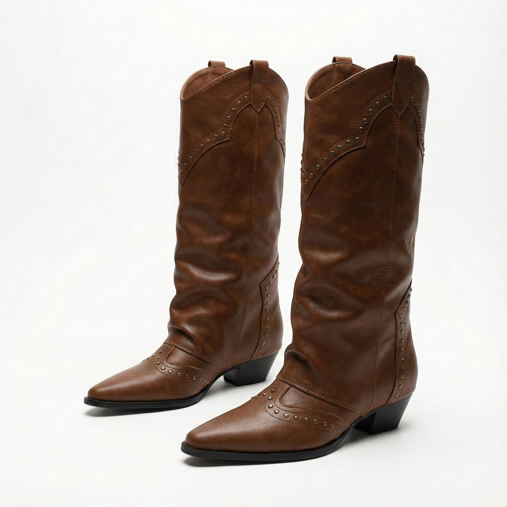 Isla | Women's Knee-High Boots With Slouchy Overlay And Stud Detail | Edgy