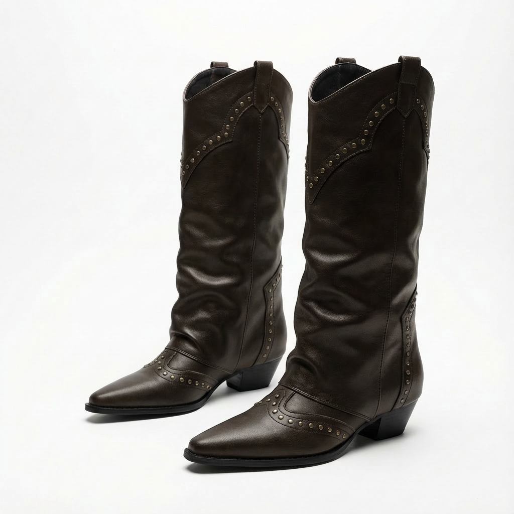 Isla | Women's Knee-High Boots With Slouchy Overlay And Stud Detail | Edgy
