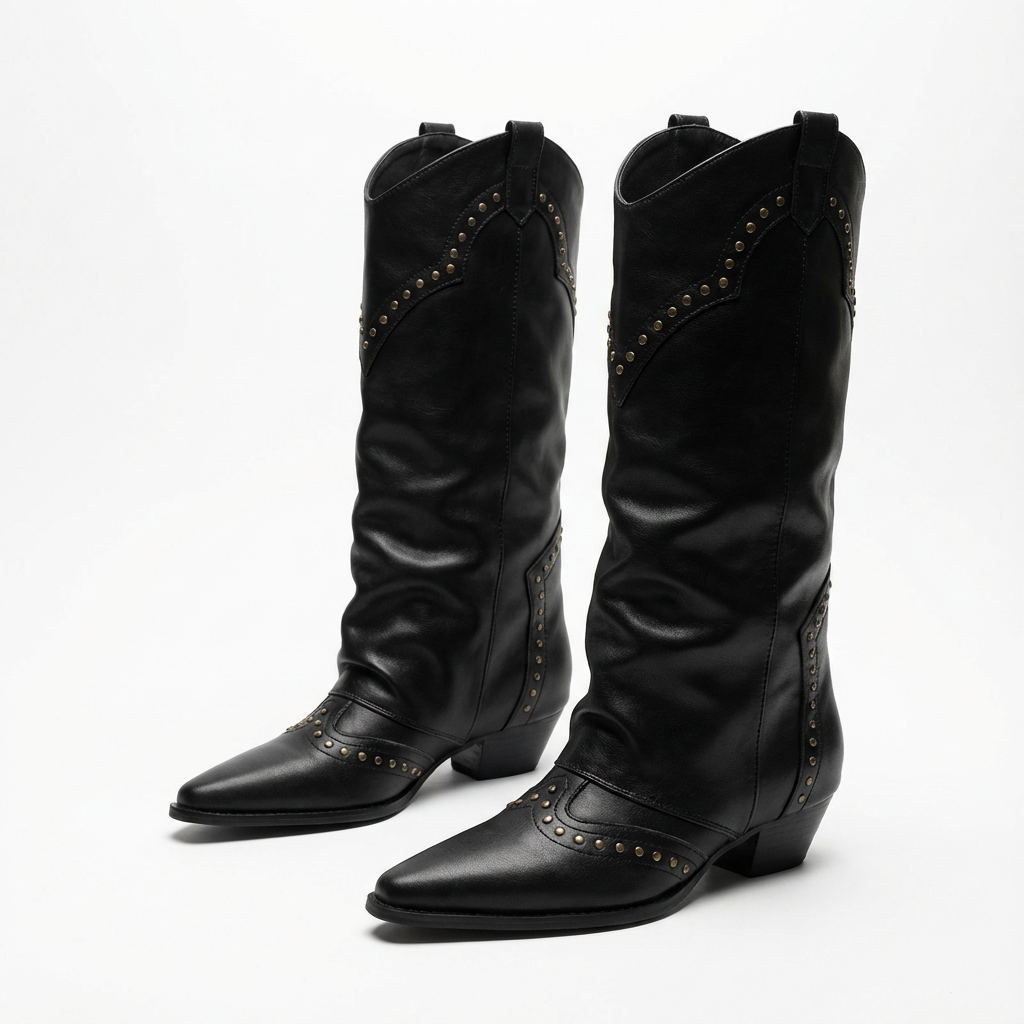 Isla | Women's Knee-High Boots With Slouchy Overlay And Stud Detail | Edgy