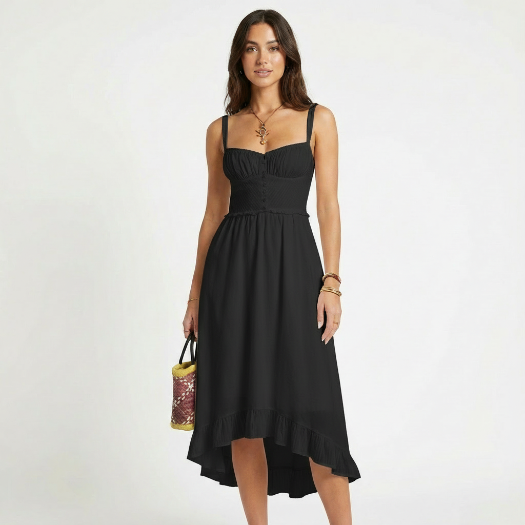 Isla | Women's Midi Dress With Smocked Bodice And Asymmetric Hem | Romantic