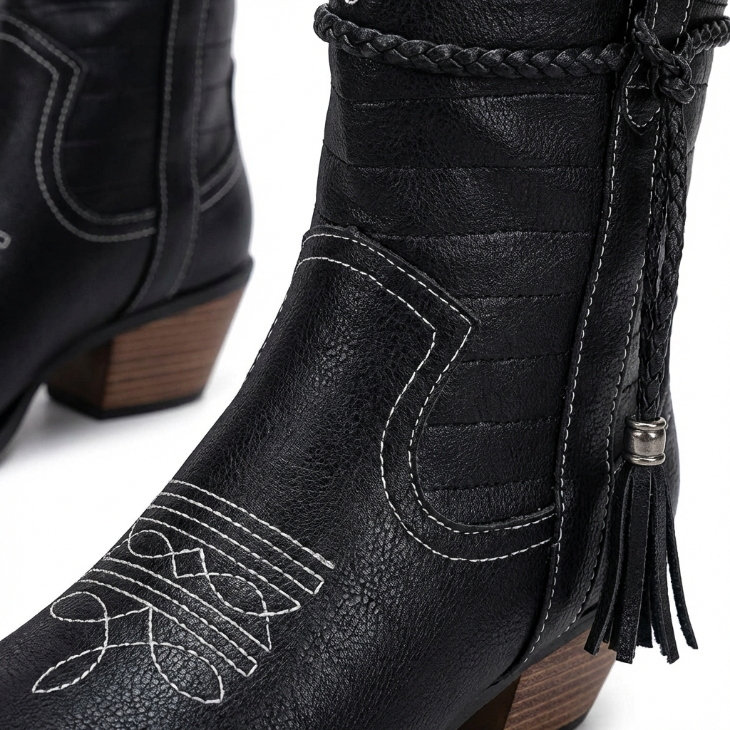 Isla | Women's Black Western Ankle Boots With Tassel Detail And Contrast Stitching | Boho