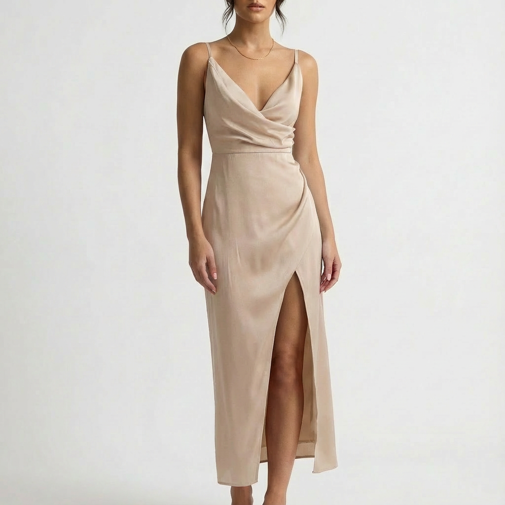 Isla | Women's Wrap Midi Dress With Cowl Detail And Thigh Slit | Alluring