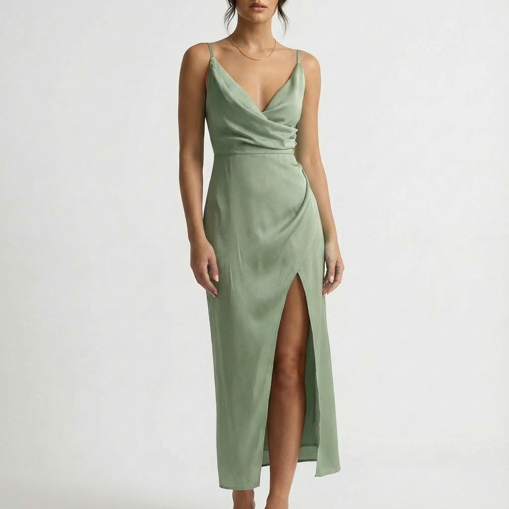 Isla | Women's Wrap Midi Dress With Cowl Detail And Thigh Slit | Alluring