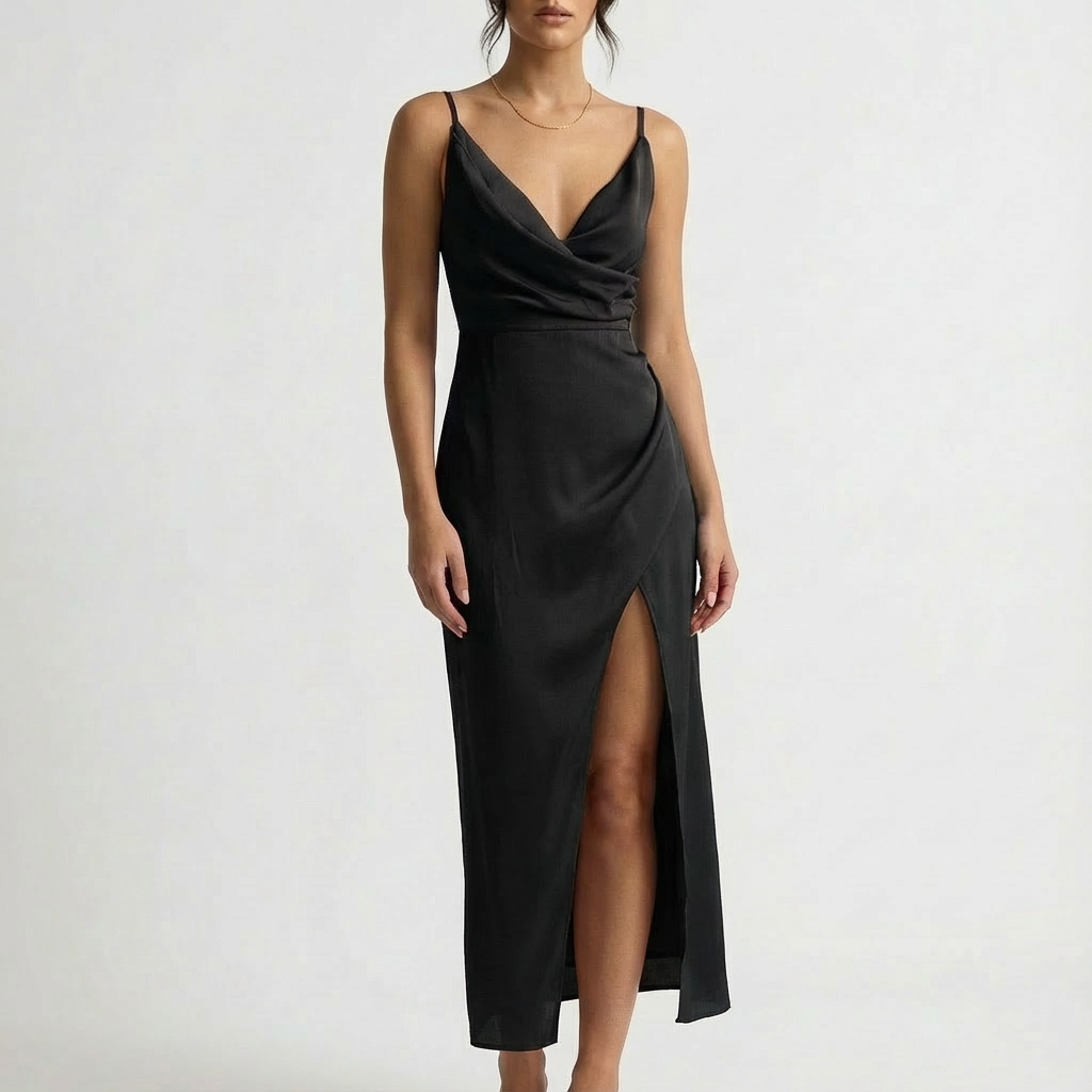 Isla | Women's Wrap Midi Dress With Cowl Detail And Thigh Slit | Alluring