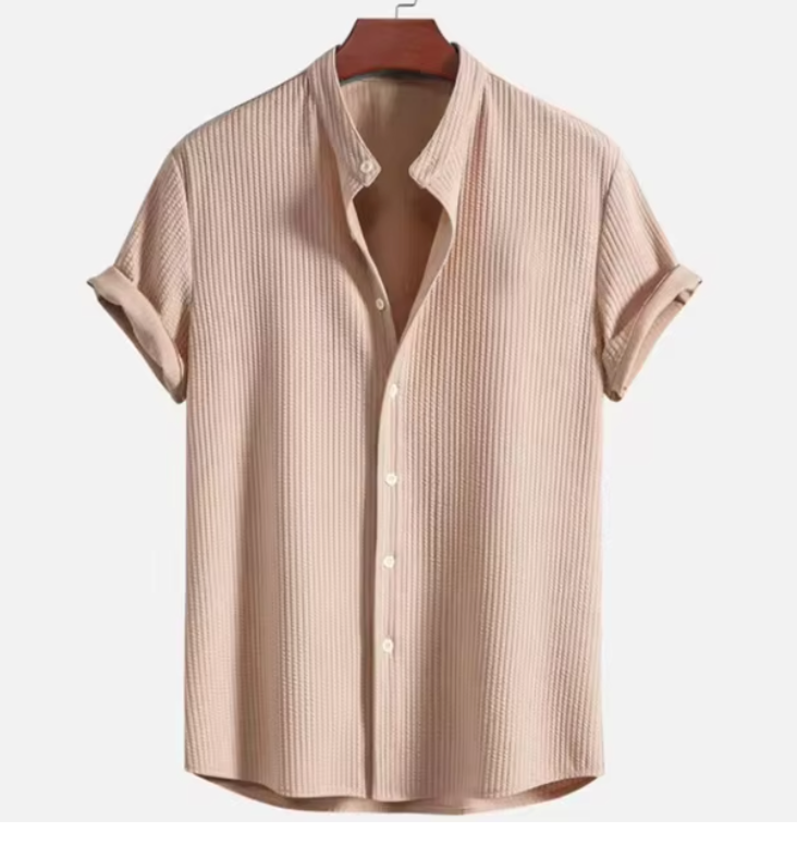 MEN'S LINEN SHORT SLEEVE SHIRT WITH STAND COLLAR