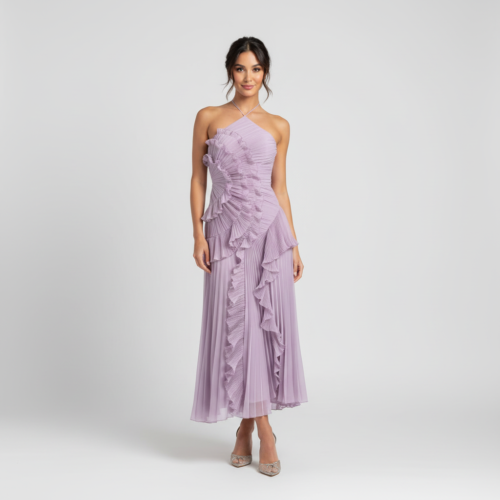 Ivy | Women's Purple Ruffle Maxi Dress With Halter Neckline And Pleated Hem | Elegant