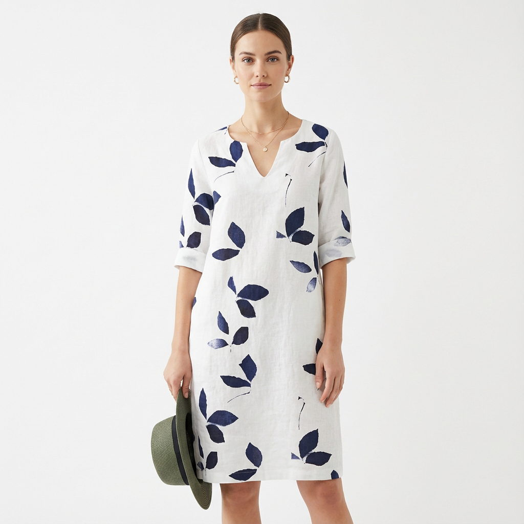 Ivy | Women's Shift Dress With V-Neckline And Leaf Print | Relaxed