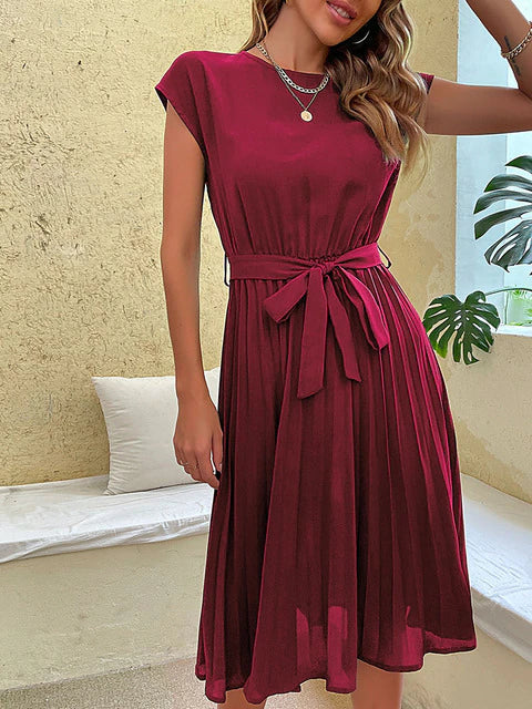 Women's Summer Midi Dress with Belted Waist & Pleated Skirt