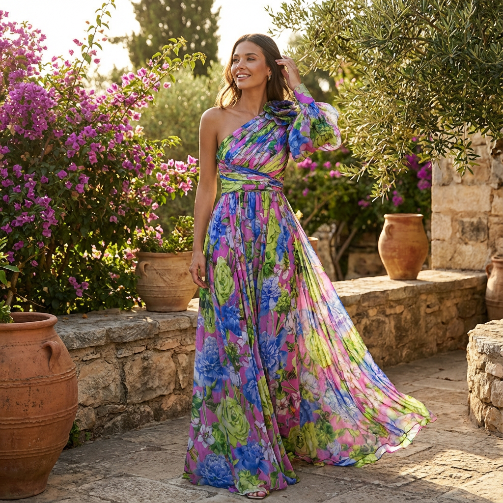 Kiara | Women's One Shoulder Floral Print Maxi Dress