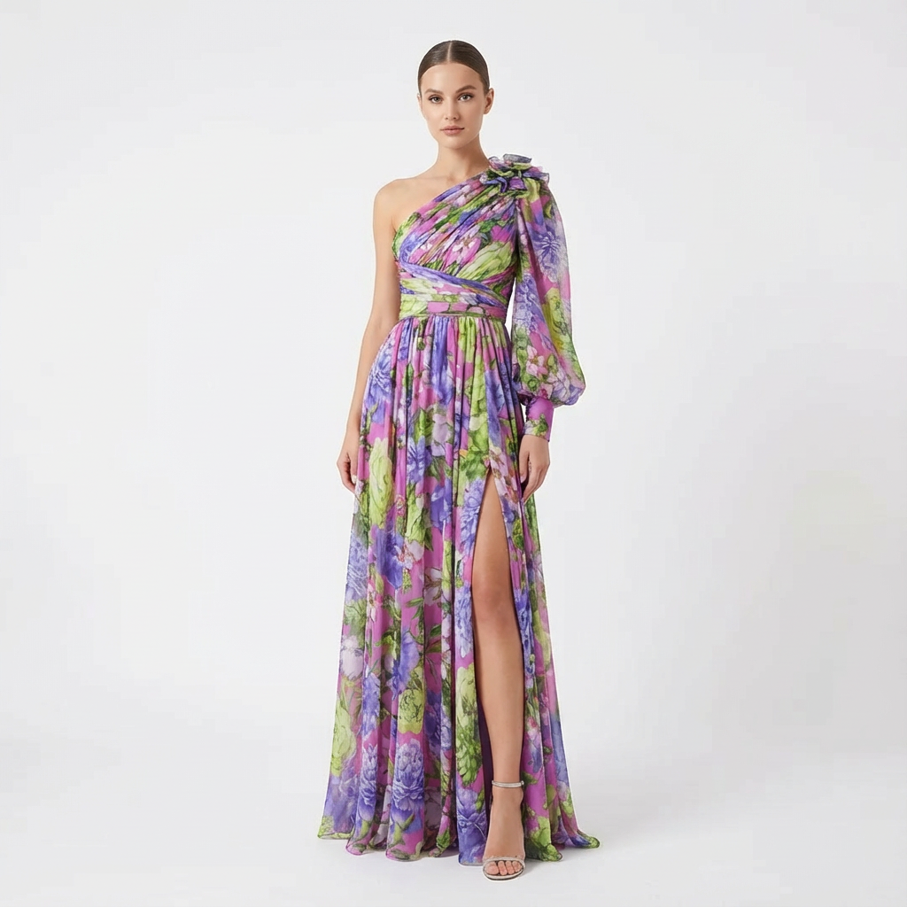 Kiara | Women's One Shoulder Floral Print Maxi Dress