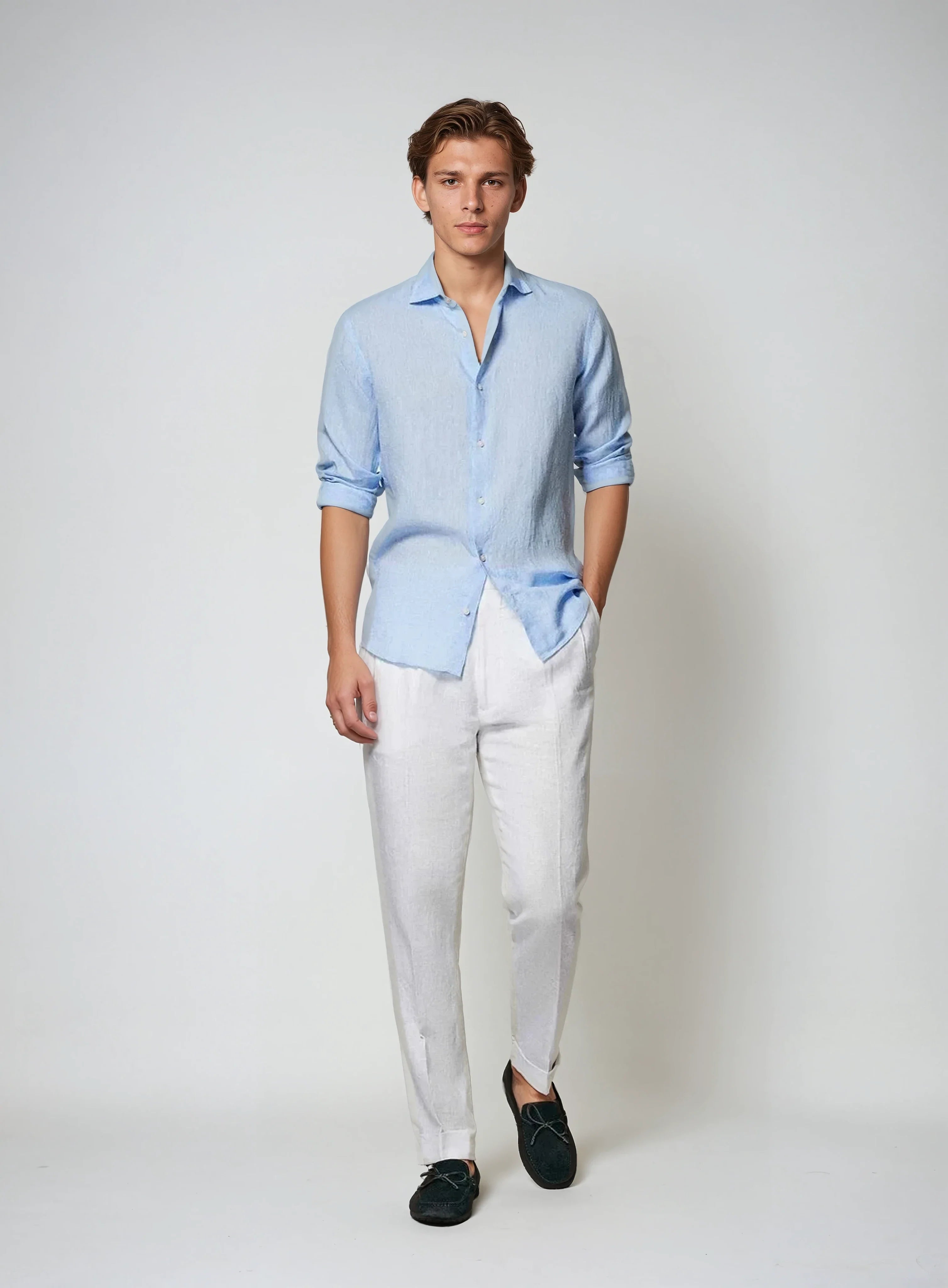 Smart Casual Light Blue Linen Shirt for Men