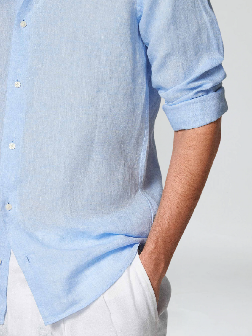 Smart Casual Light Blue Linen Shirt for Men