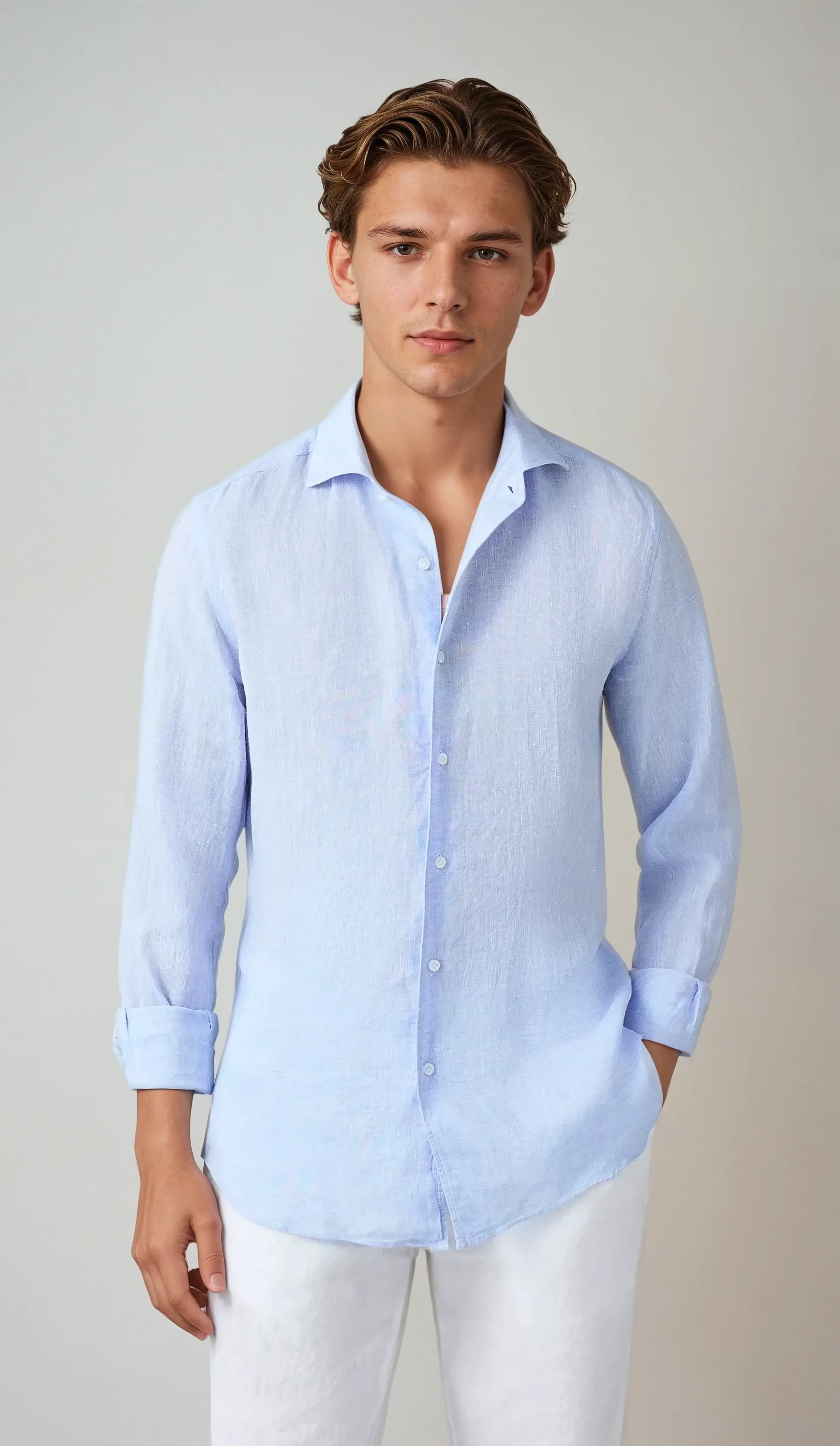 Smart Casual Light Blue Linen Shirt for Men