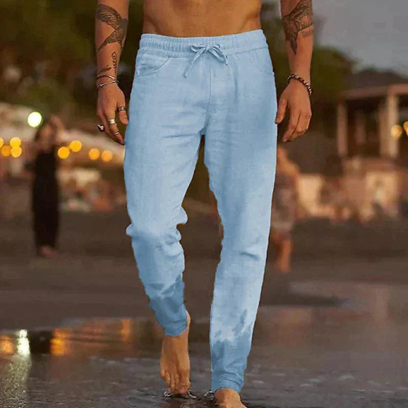 MEN'S LINEN SUMMER TROUSERS WITH DRAWSTRING WAIST