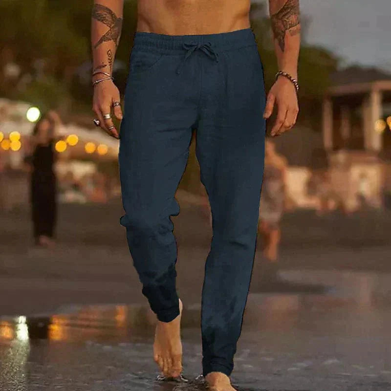 MEN'S LINEN SUMMER TROUSERS WITH DRAWSTRING WAIST
