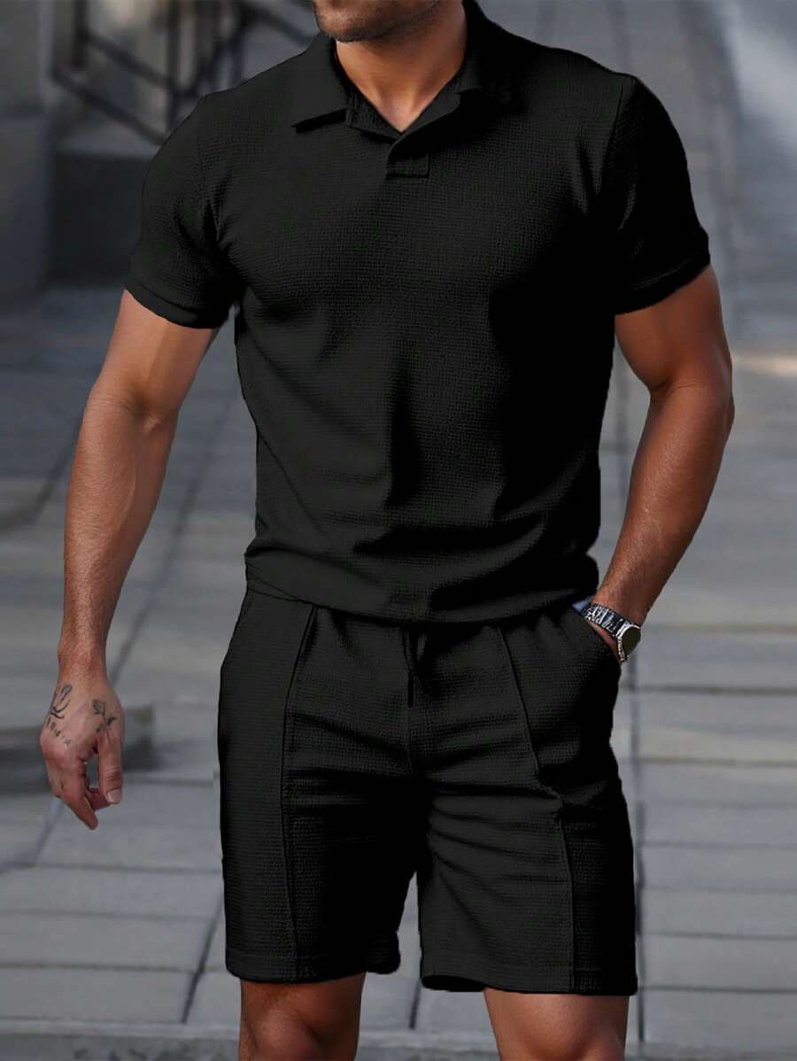 Men's Polo Shorts Set with Elastic Waistband