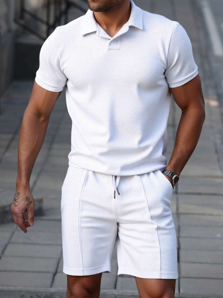 Men's Polo Shorts Set with Elastic Waistband
