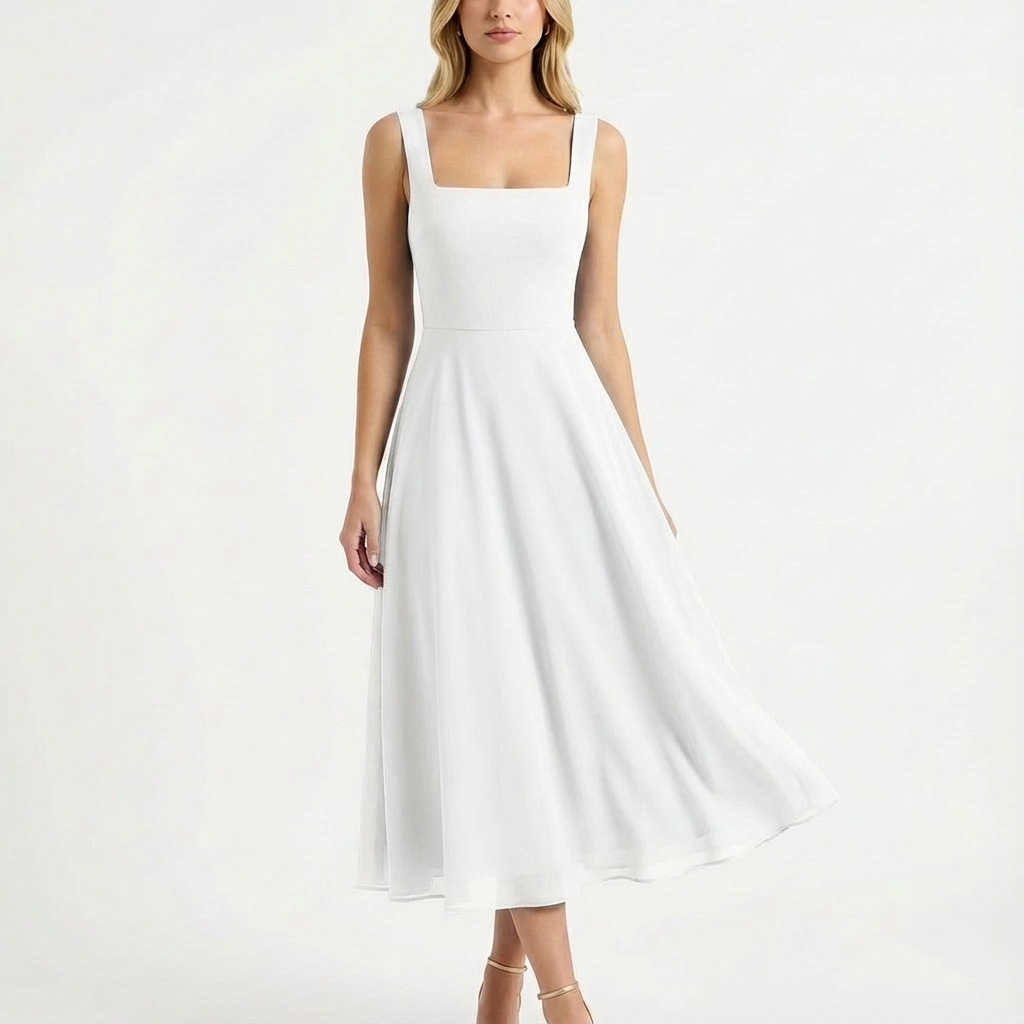 Lily | Women's Midi Dress With Square Neckline And Flowing Skirt | Classic