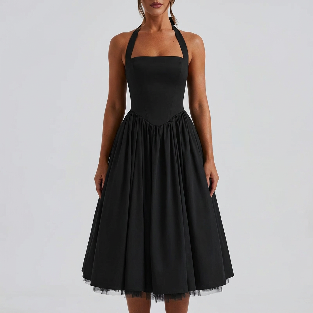 Lily | Women's White A-Line Midi Dress With Halter Straps And Fitted Bodice