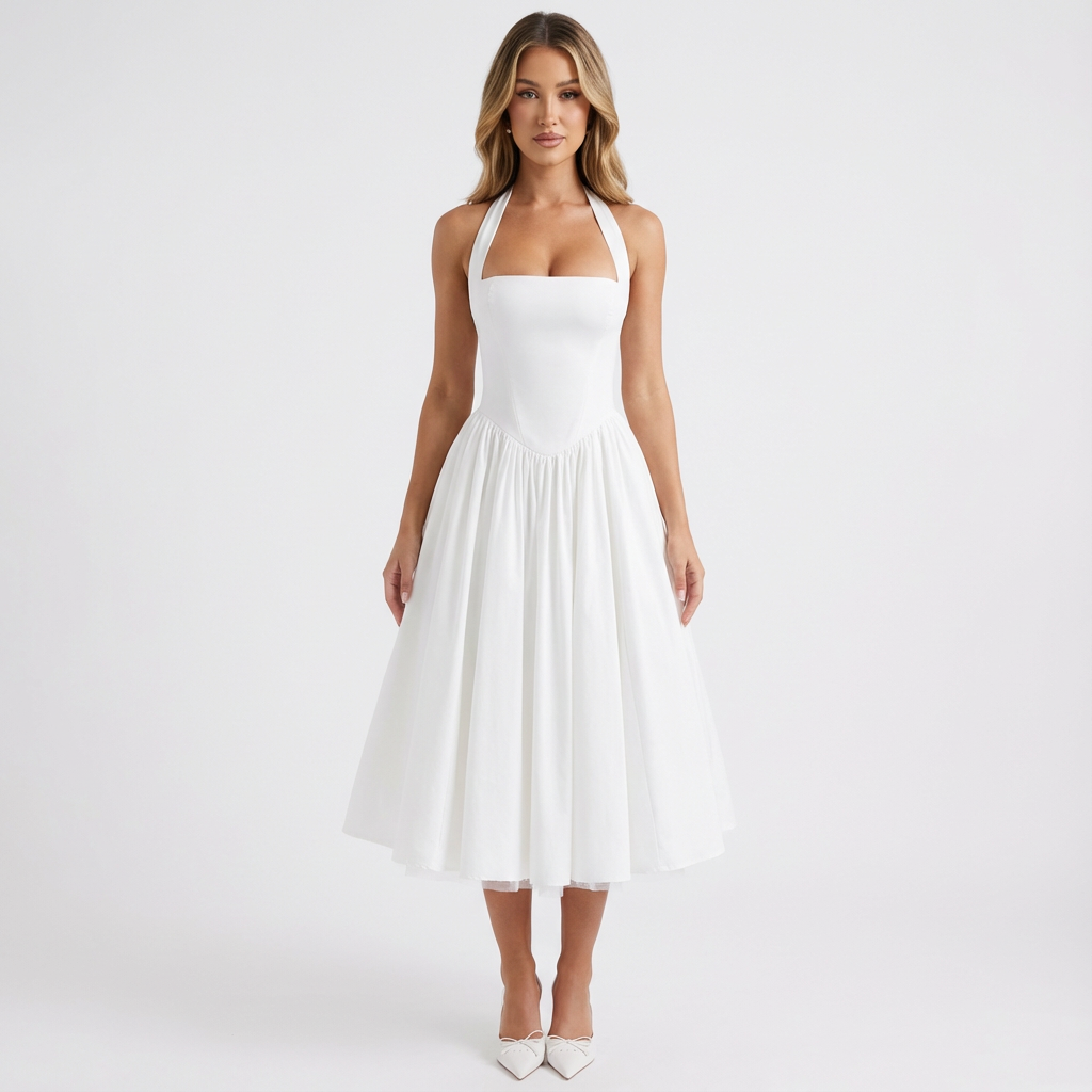 Lily | Women's White A-Line Midi Dress With Halter Straps And Fitted Bodice