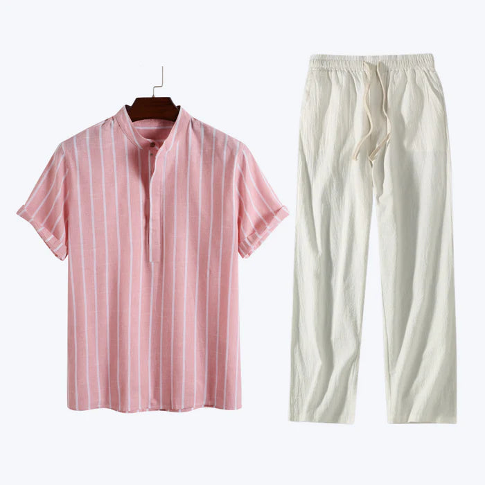 Men's Striped Linen Polo and Drawstring Pants Set