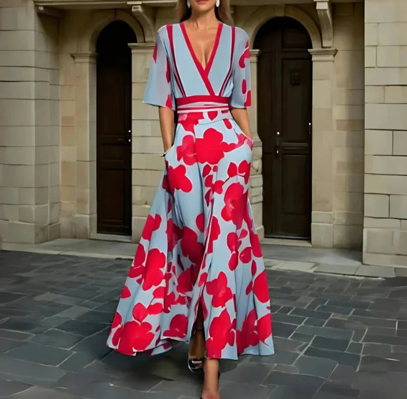 ELEGANT MAXI FLORAL DRESS WITH DEEP V NECK FOR WOMEN