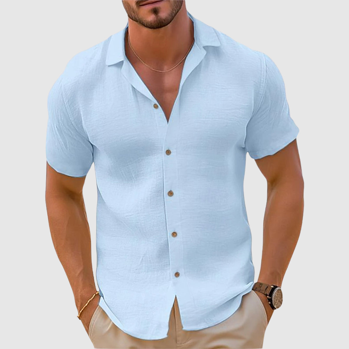 Men's Summer Casual Short Sleeve Shirt With Open Collar