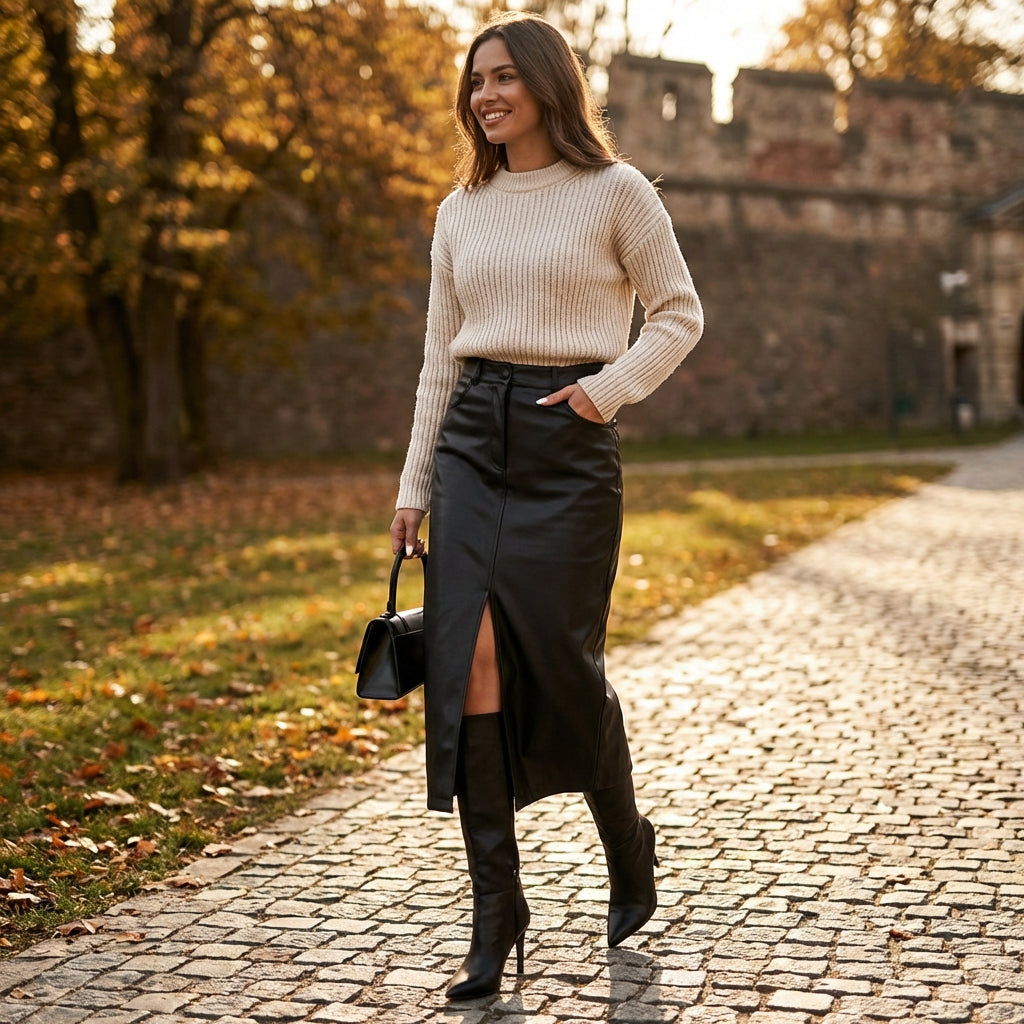 Luna | Women's Midi Skirt With Front Slit And Zip Detail | Sleek