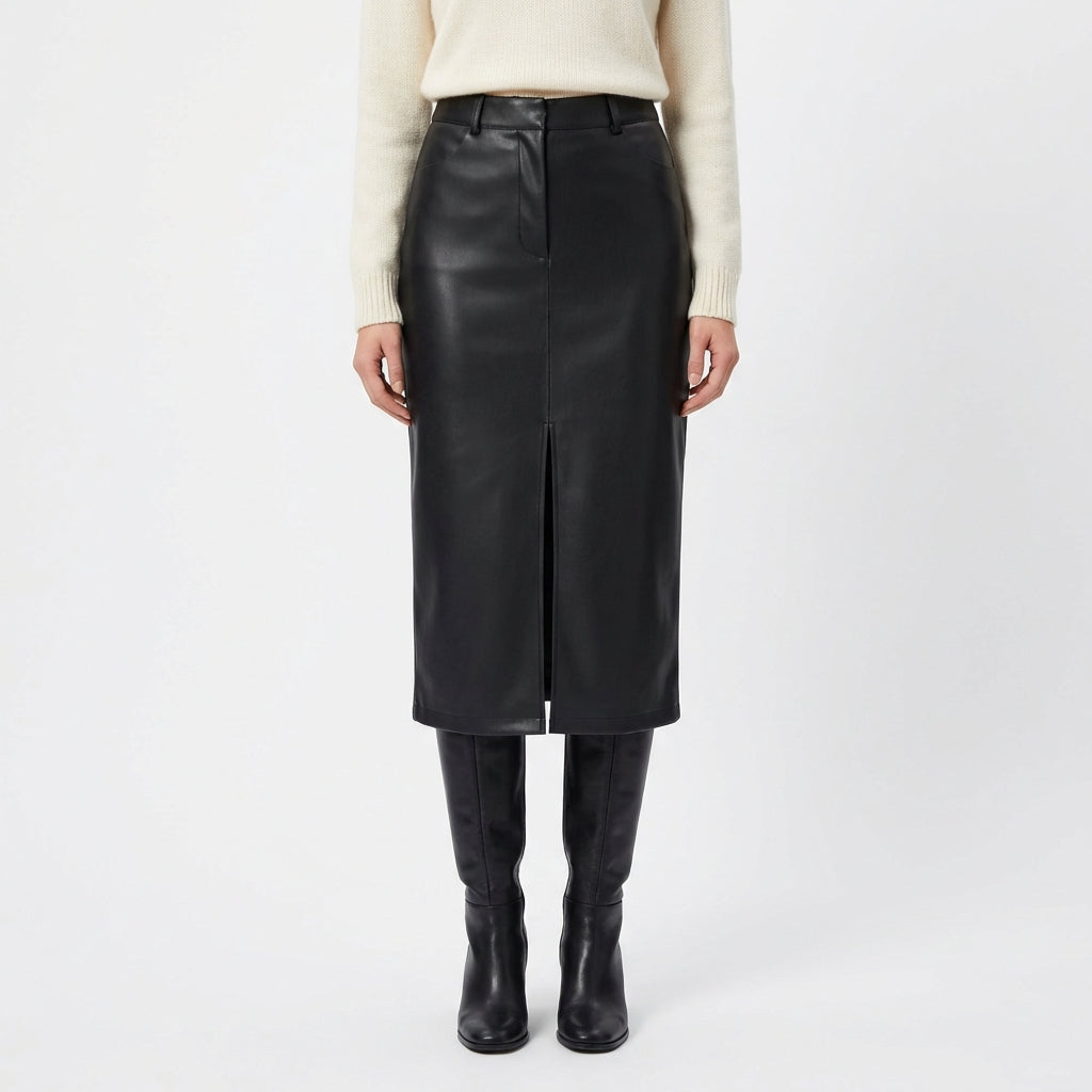 Luna | Women's Midi Skirt With Front Slit And Zip Detail | Sleek