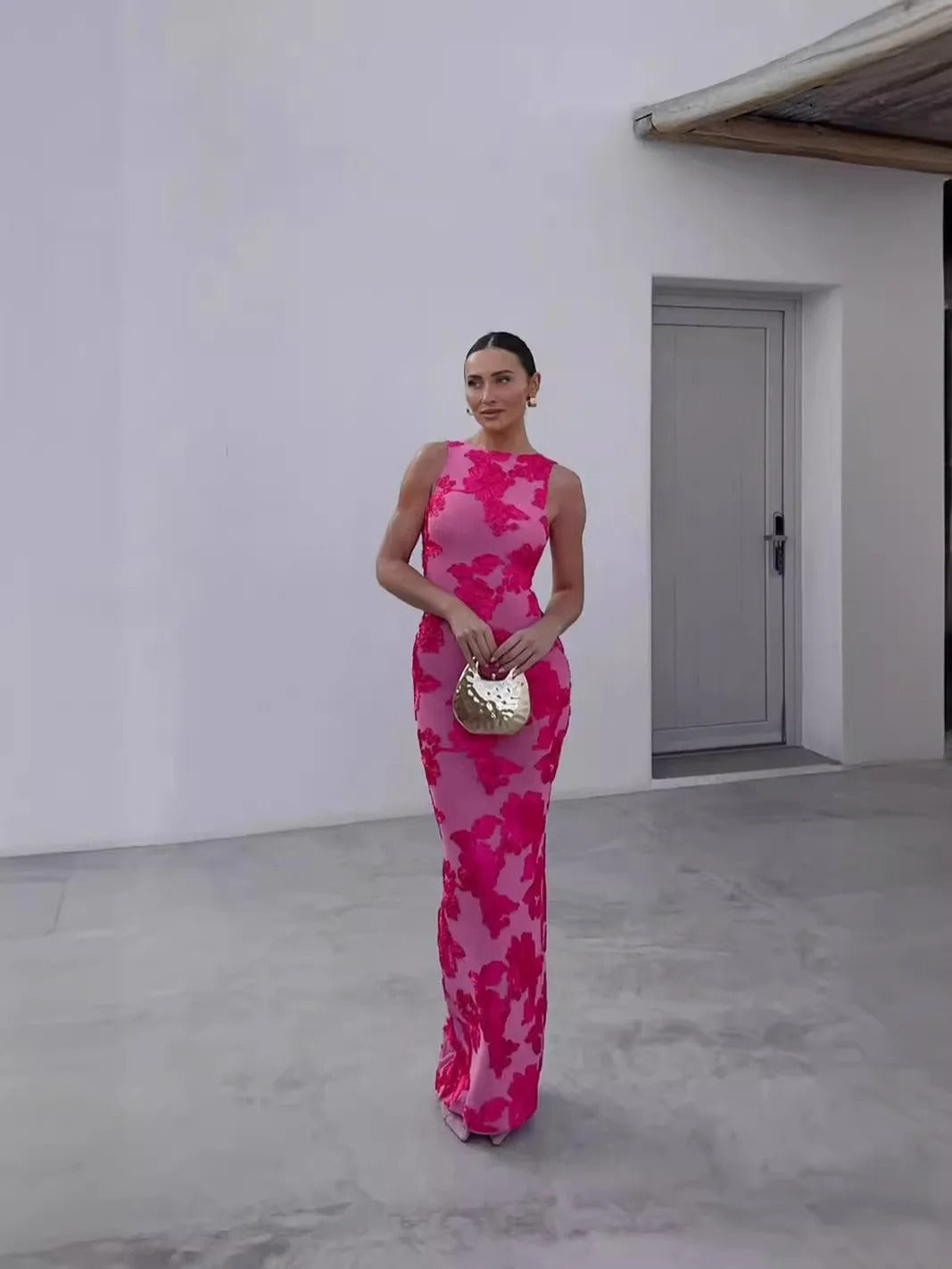 Women's Floral Sleeveless Maxi Dress With High Neck