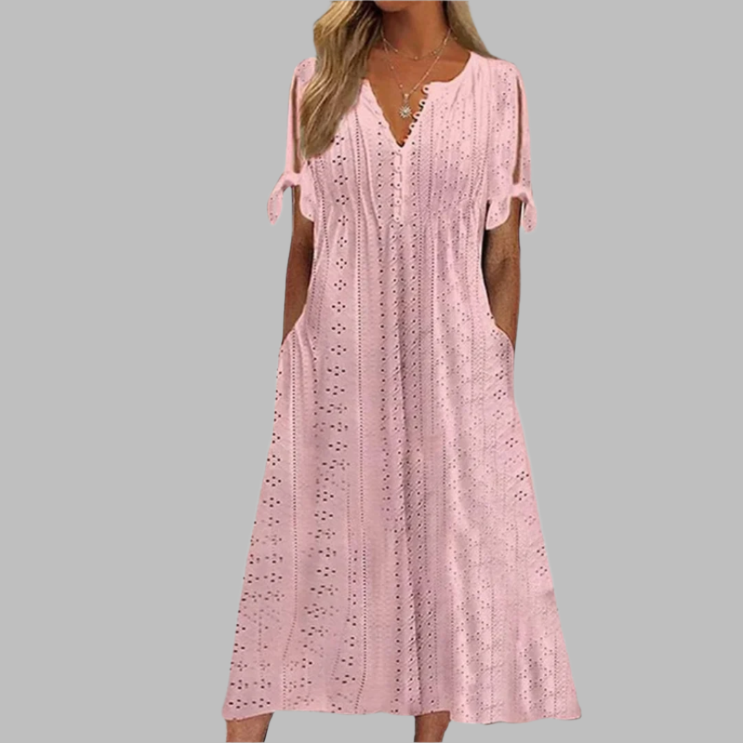 WOMEN'S BOHO MIDI DRESS WITH V-NECK AND SHORT SLEEVES