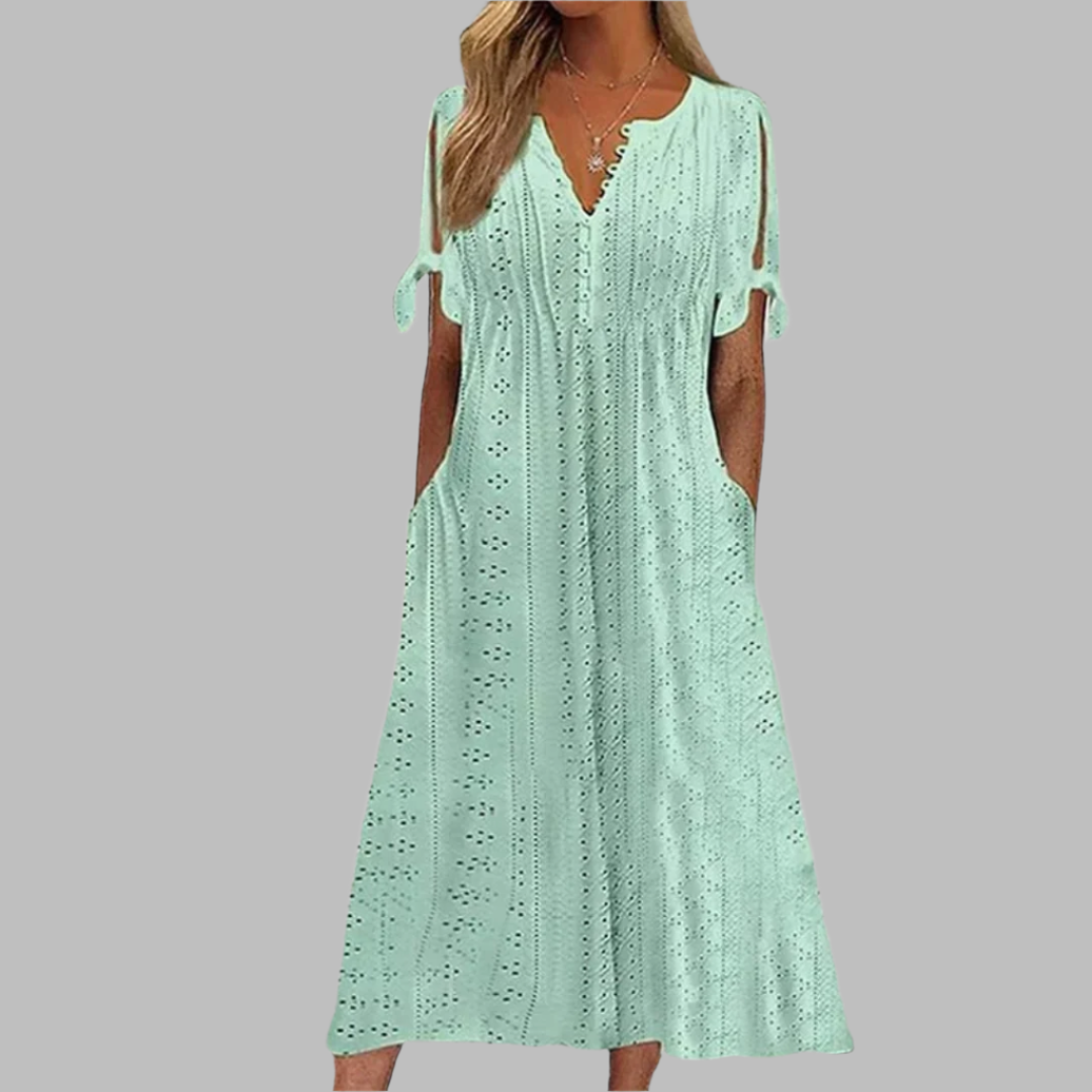 WOMEN'S BOHO MIDI DRESS WITH V-NECK AND SHORT SLEEVES