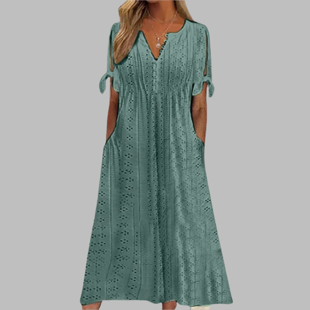 WOMEN'S BOHO MIDI DRESS WITH V-NECK AND SHORT SLEEVES