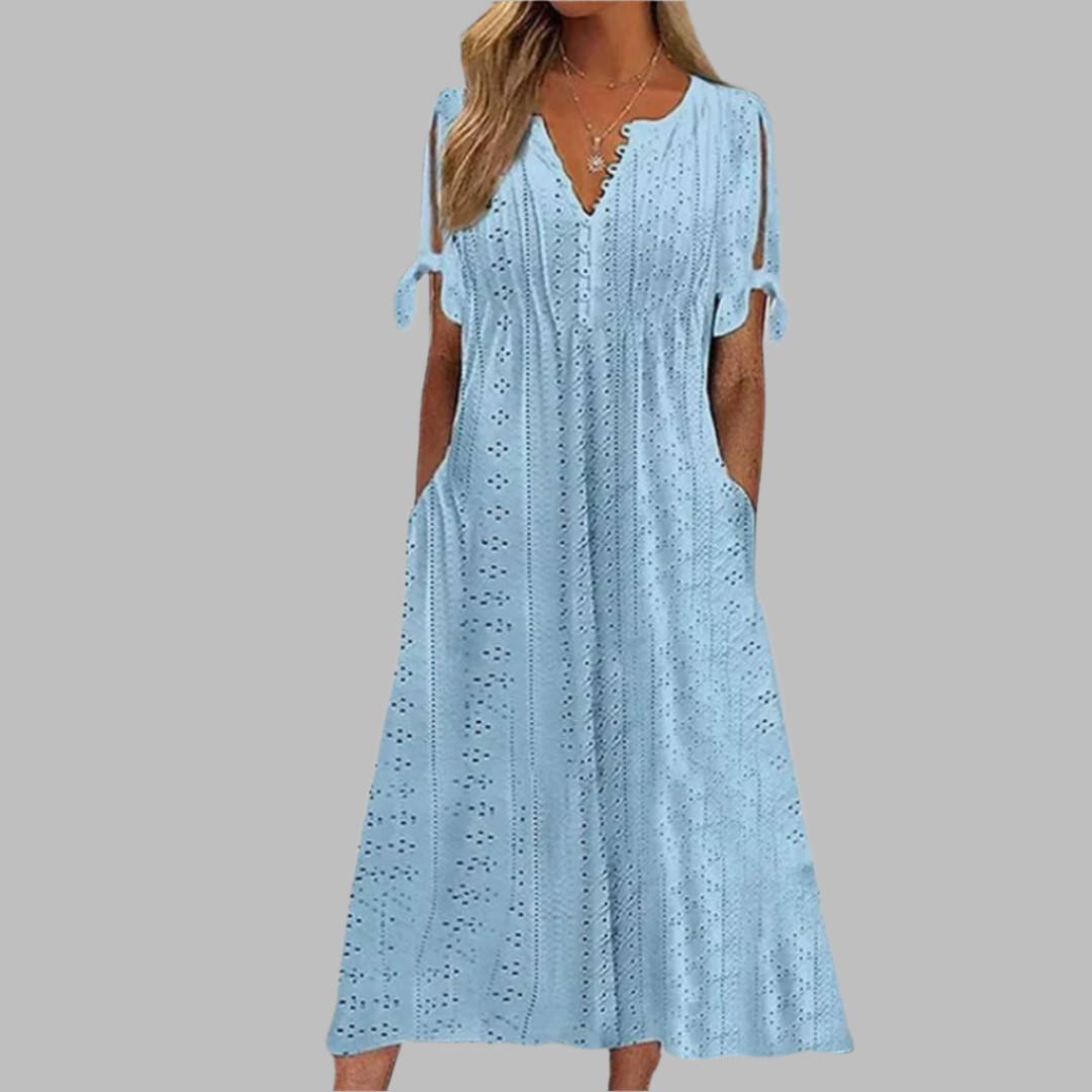 WOMEN'S BOHO MIDI DRESS WITH V-NECK AND SHORT SLEEVES
