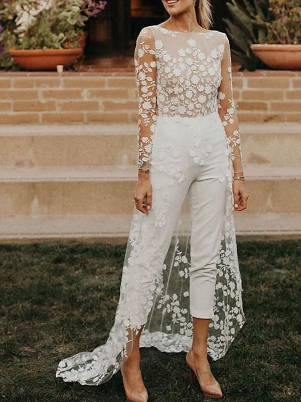 WOMEN'S FLORAL LACE BRIDAL JUMPSUIT WITH LONG SLEEVES AND TRAIN