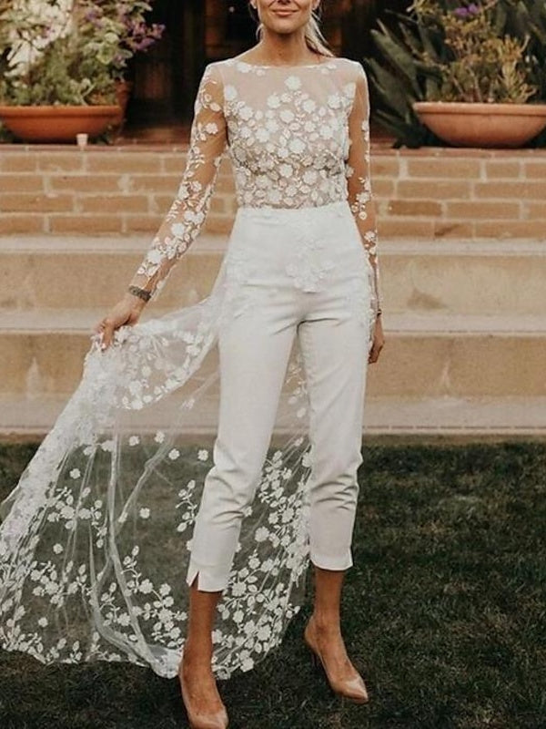 WOMEN'S FLORAL LACE BRIDAL JUMPSUIT WITH LONG SLEEVES AND TRAIN