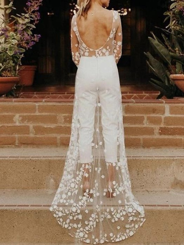 WOMEN'S FLORAL LACE BRIDAL JUMPSUIT WITH LONG SLEEVES AND TRAIN