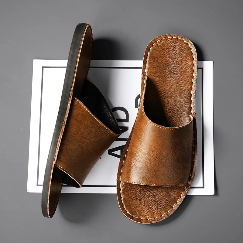 Genuine Leather Cross-Wrap Slippers for Men