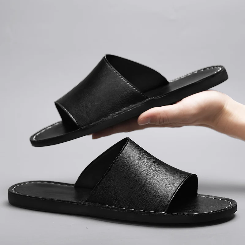 Genuine Leather Cross-Wrap Slippers for Men