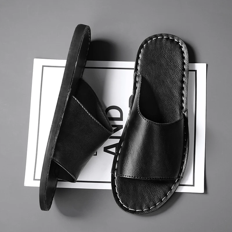 Genuine Leather Cross-Wrap Slippers for Men