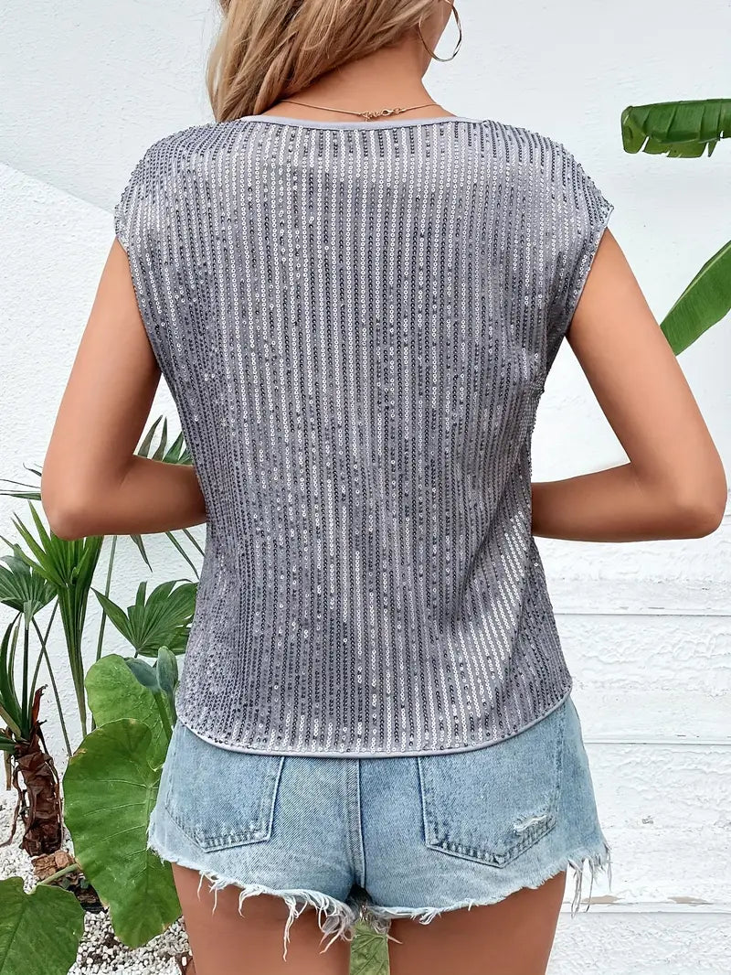 Women's Sequin Blouse With Short Sleeves And Round Neck