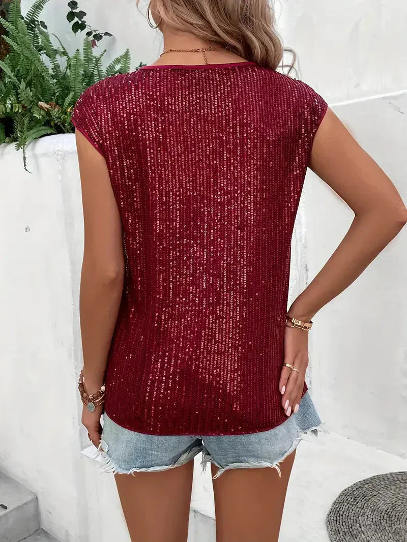 Women's Sequin Blouse With Short Sleeves And Round Neck