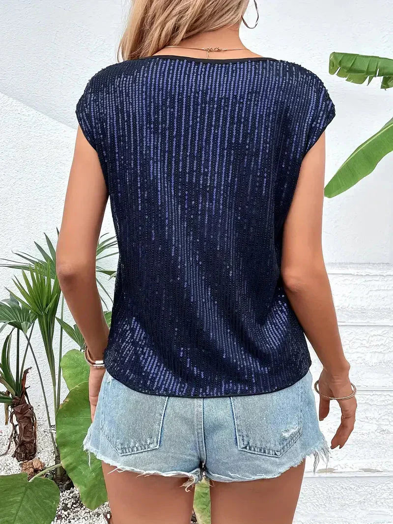 Women's Sequin Blouse With Short Sleeves And Round Neck