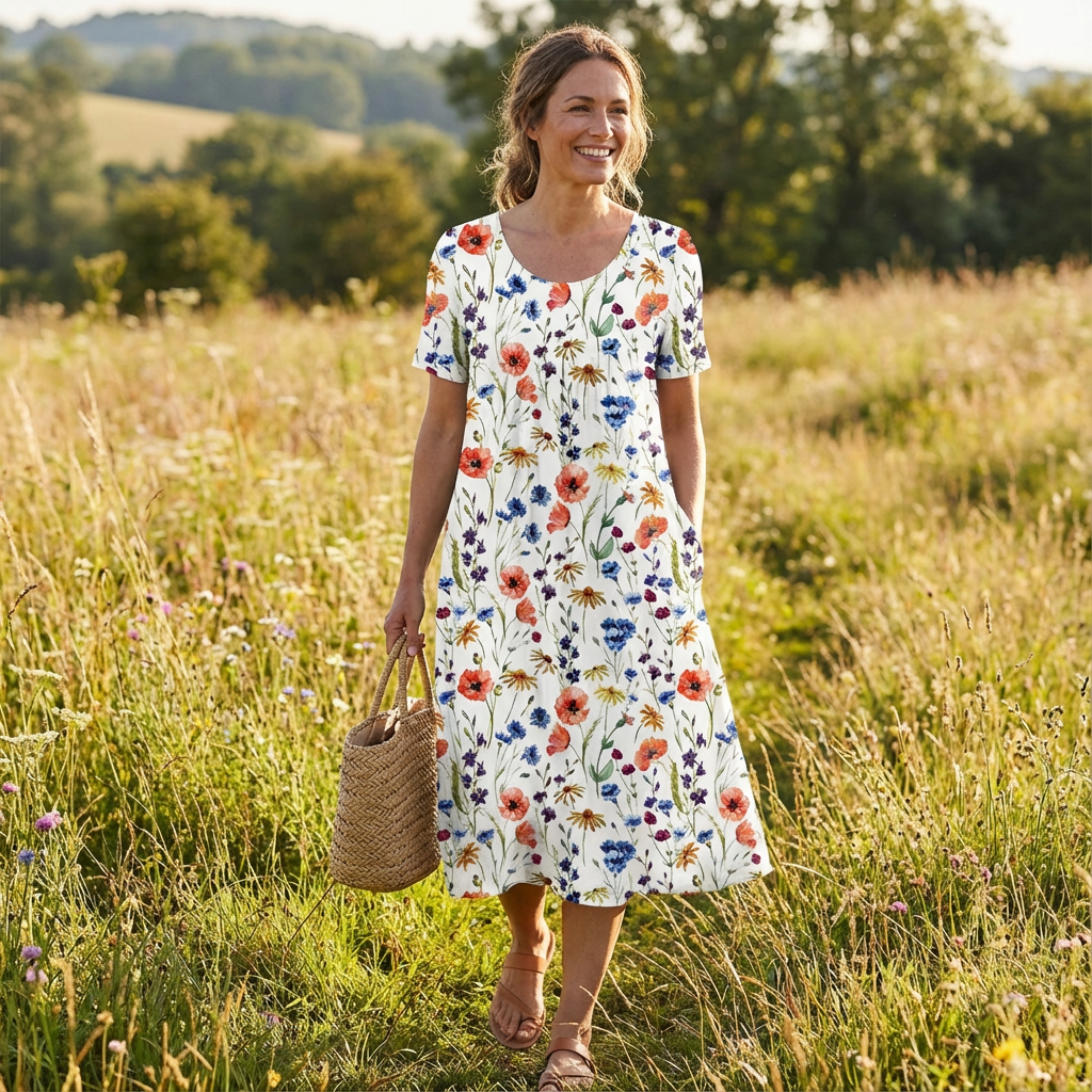 Meadow | Women's Midi Dress With Short Sleeves And Flowing Hem | Fresh