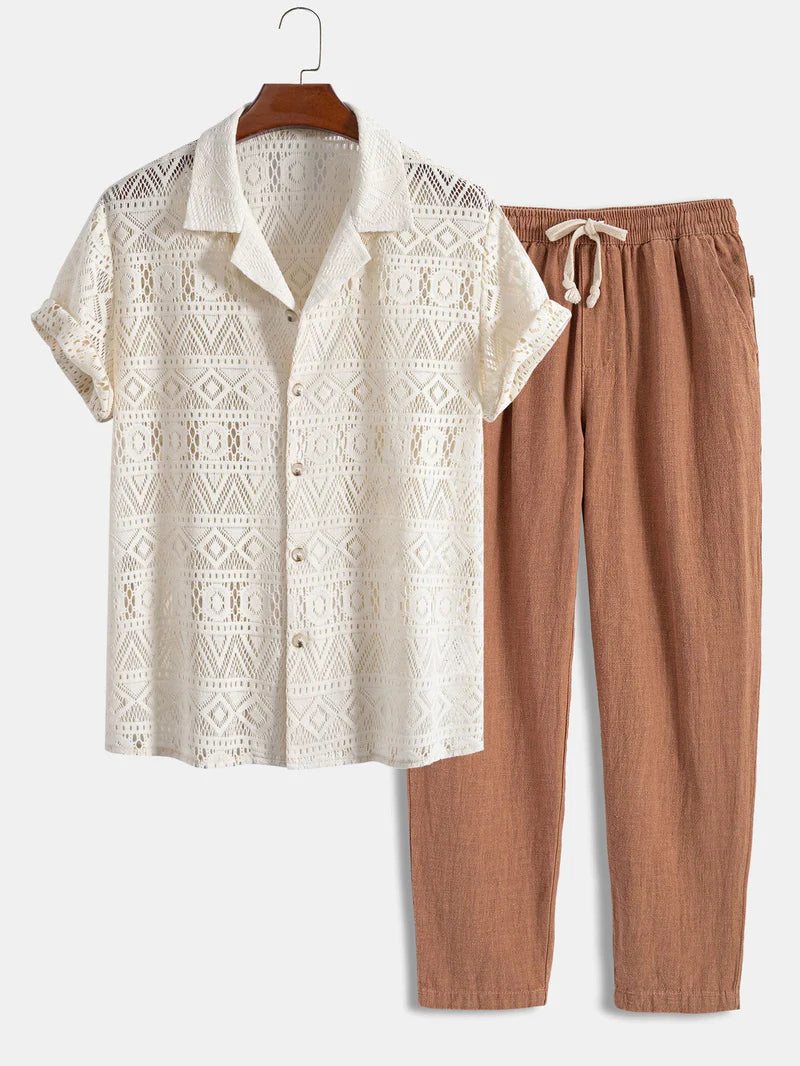 Men's Linen Cuban Shirt Set with Geometric Texture