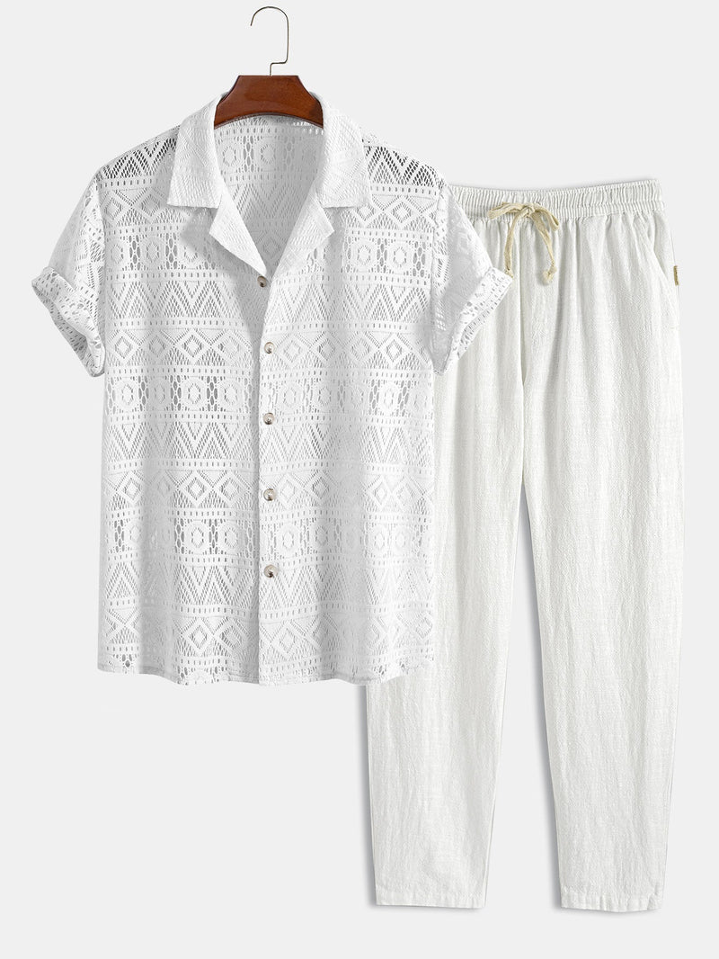Men's Linen Cuban Shirt Set with Geometric Texture
