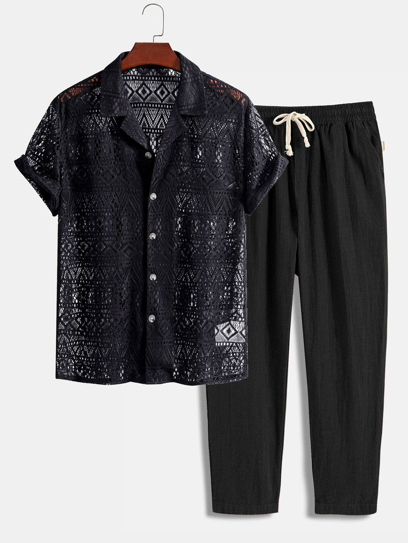 Men's Linen Cuban Shirt Set with Geometric Texture