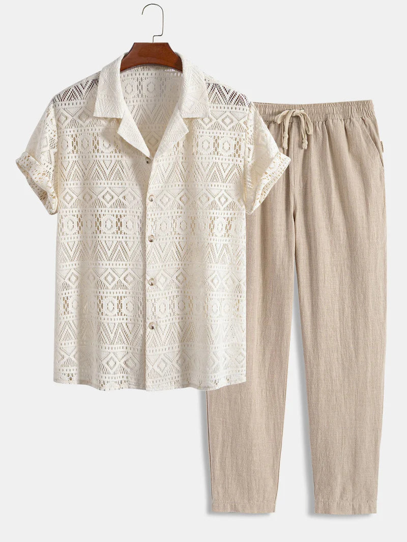 Men's Linen Cuban Shirt Set with Geometric Texture