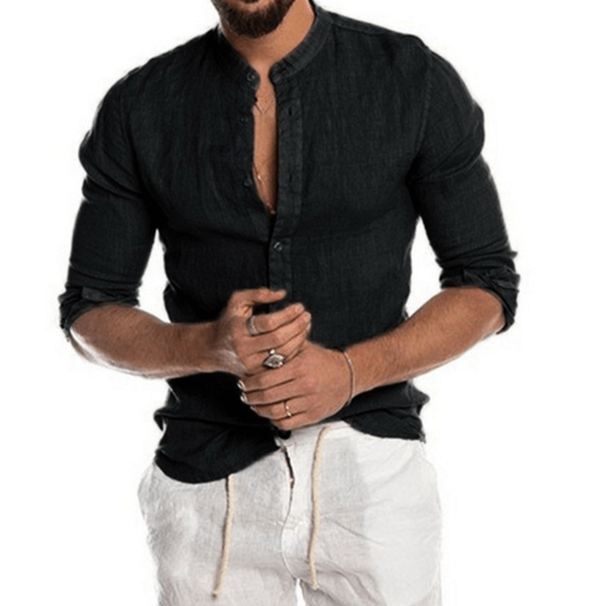Men's Linen Button-up Shirt With Mandarin Collar